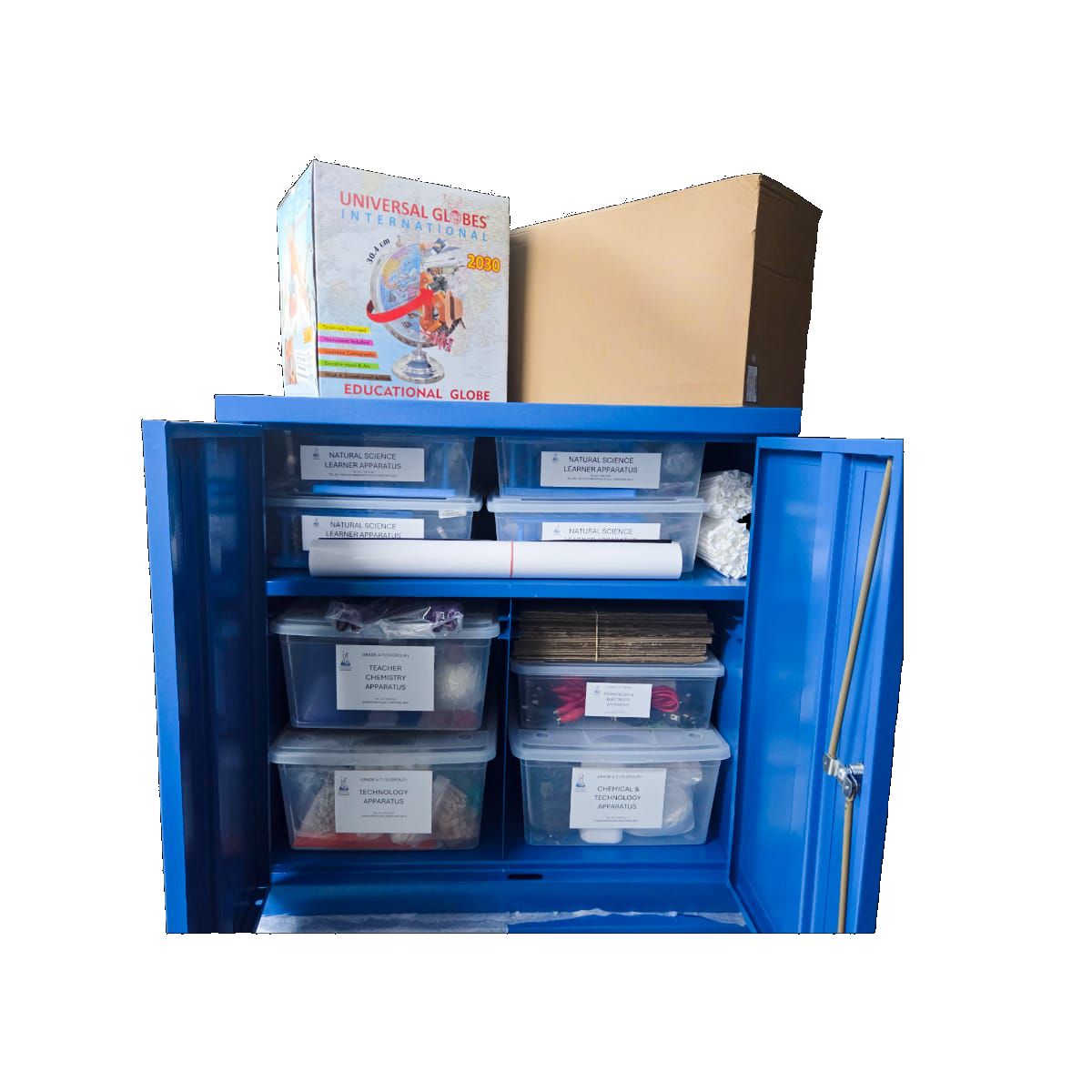 Grade 4 to 7 Natural Sciences and Technology kit in an open blue metal cupboard with labelled tubs