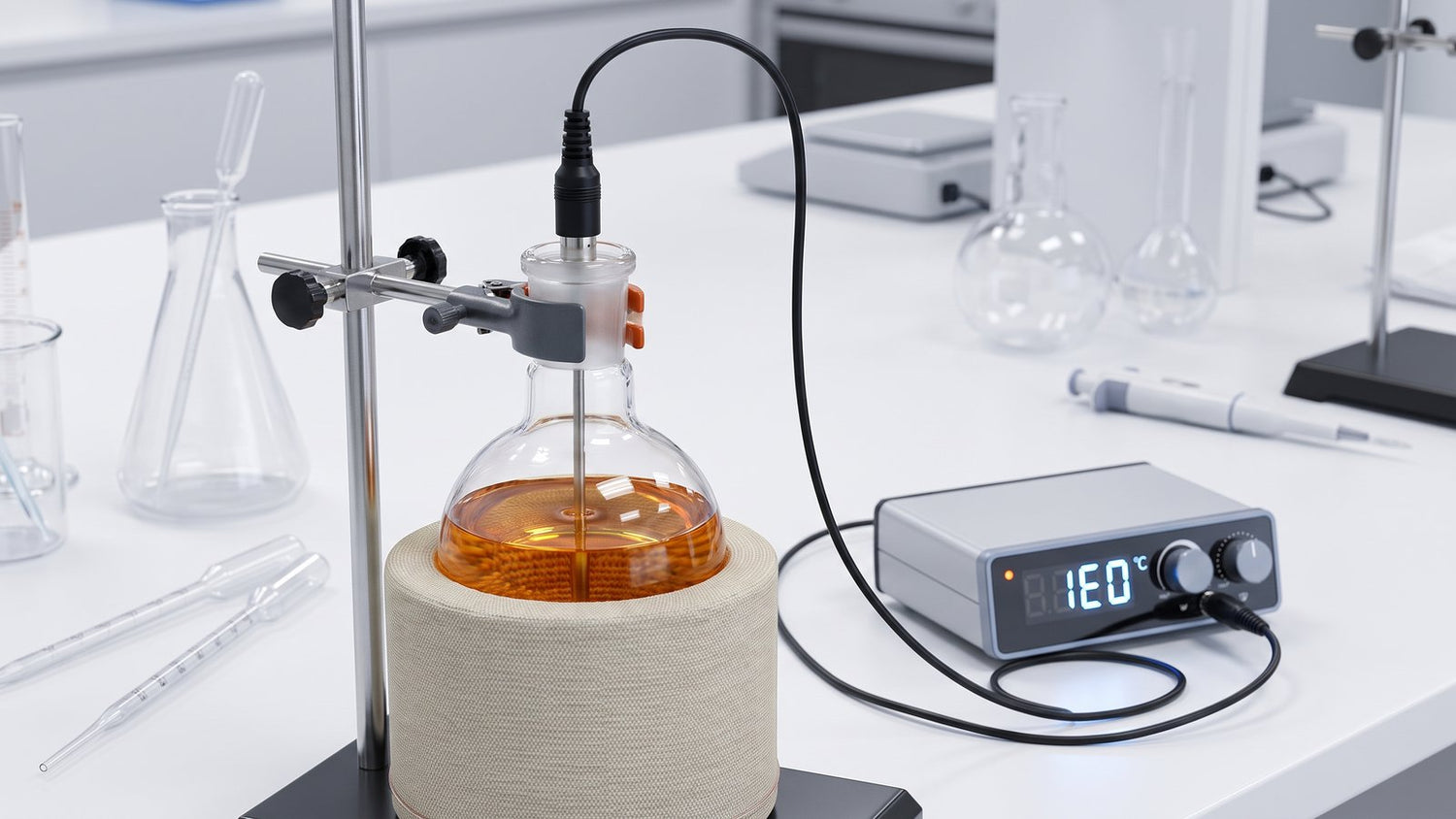 Temperature probe inserted into a flask connected to a heating mantle control unit