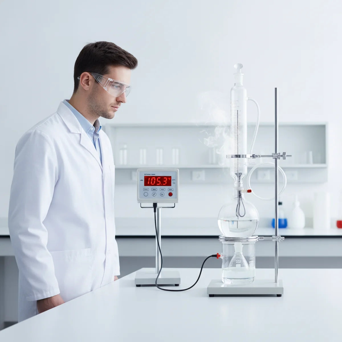 Technician monitoring a reflux setup using a temperature probe reading