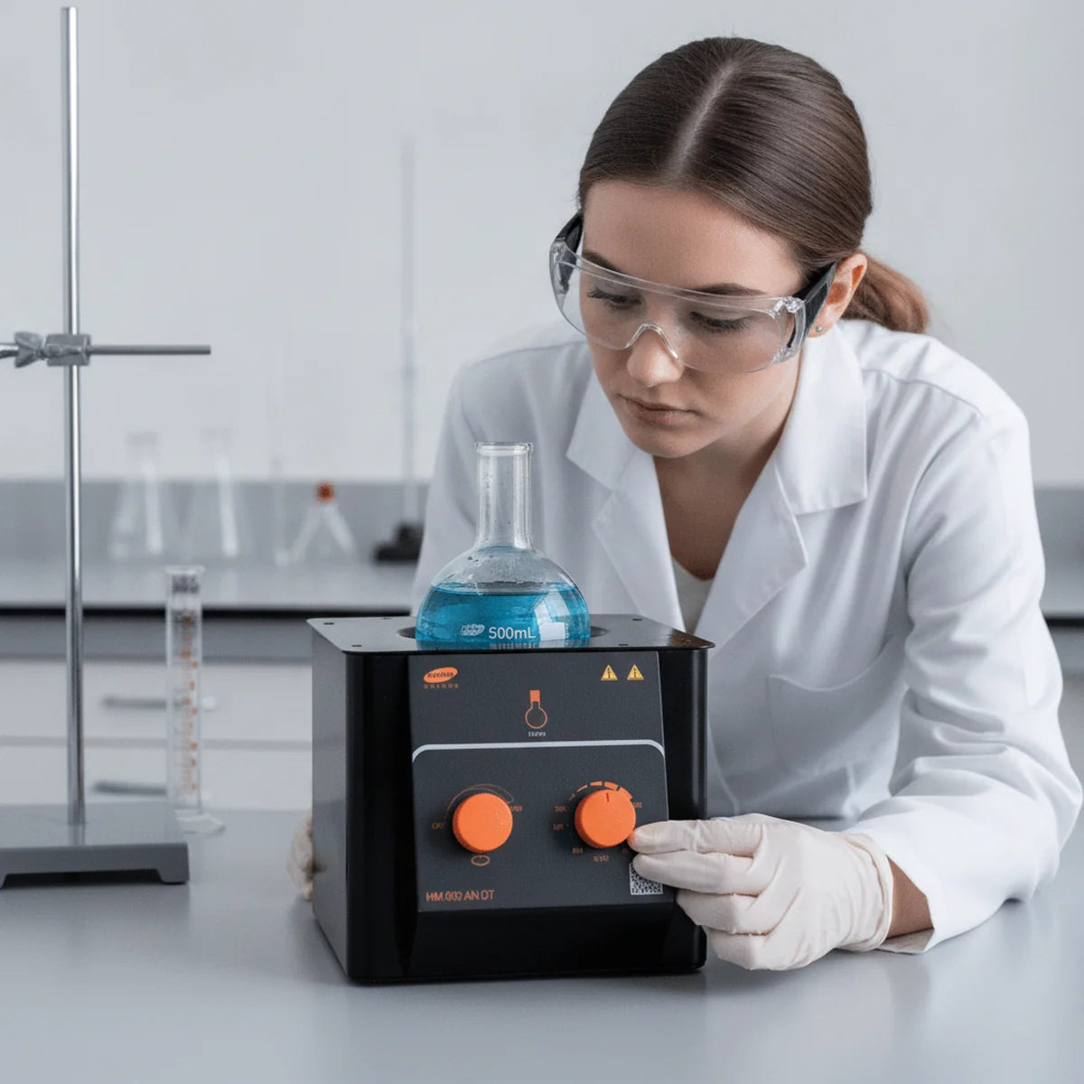 Student monitoring an analogue heating mantle during a synthesis reaction