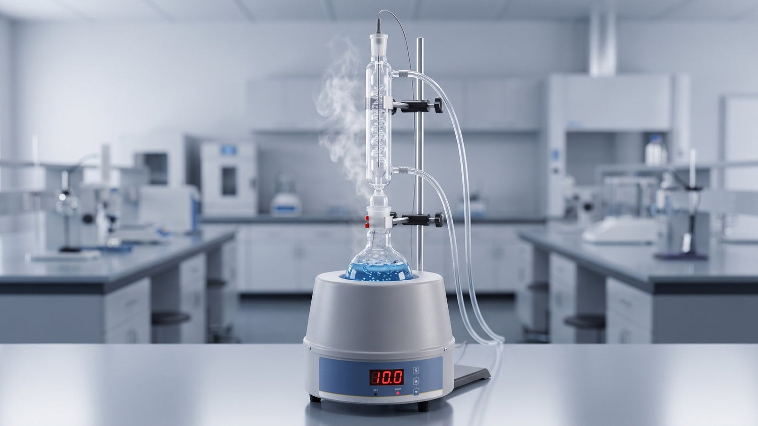 Round-bottom flask heating in a mantle set up for reflux distillation