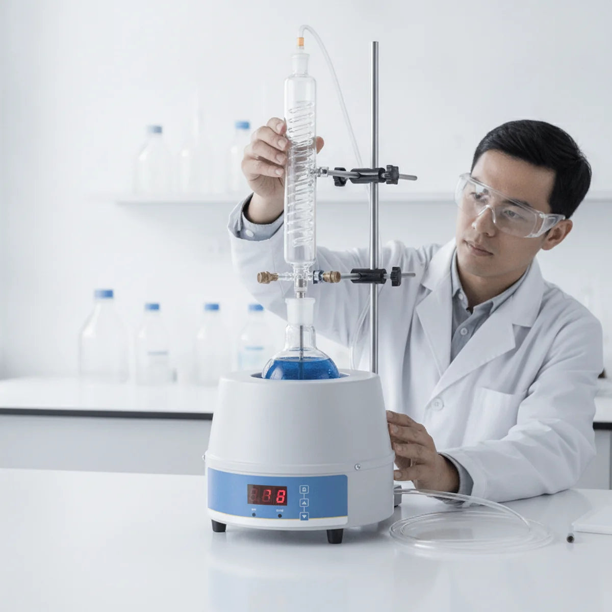 Researcher setting up a reflux distillation apparatus with a heating mantle