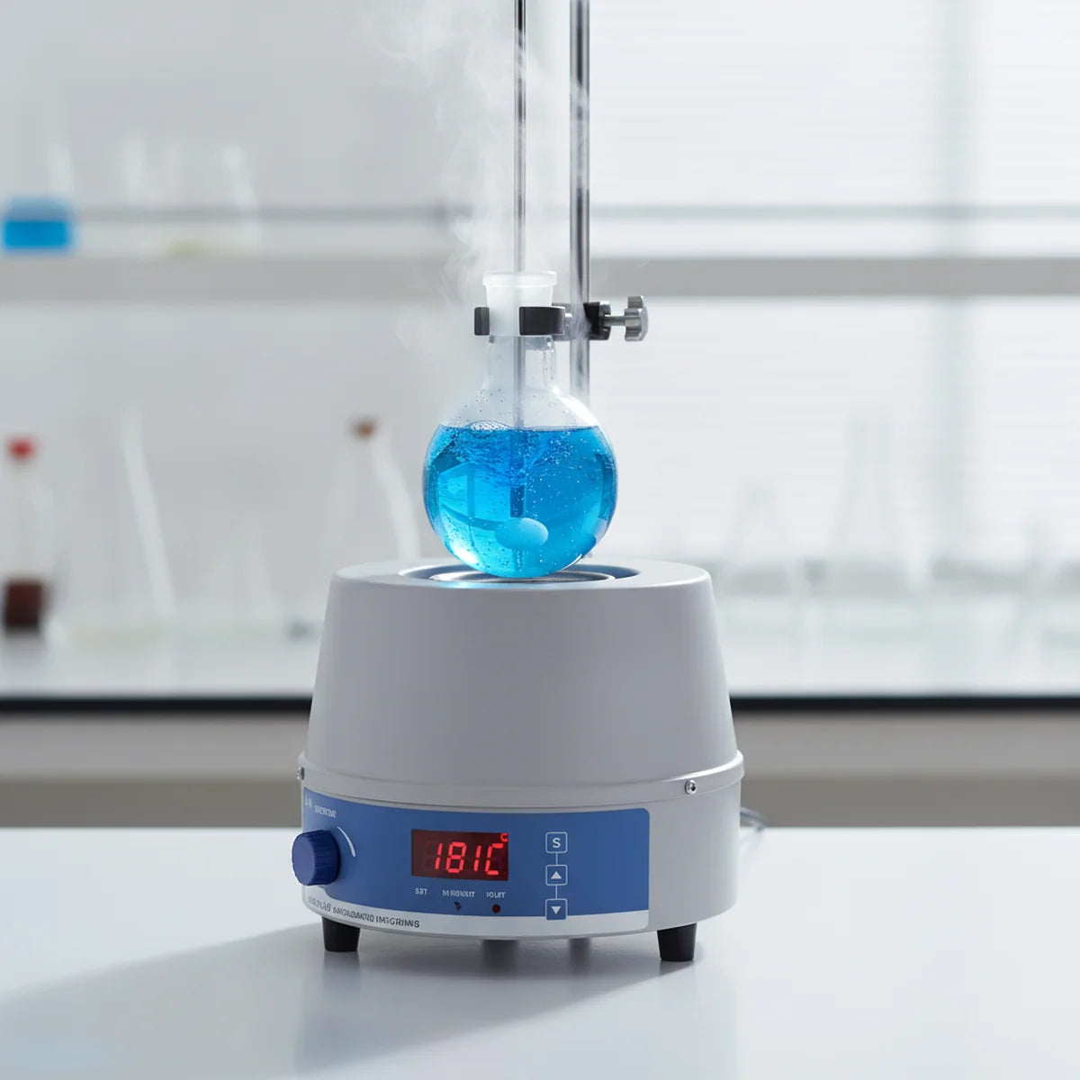 Heating mantle with integrated magnetic stirrer heating and mixing a flask