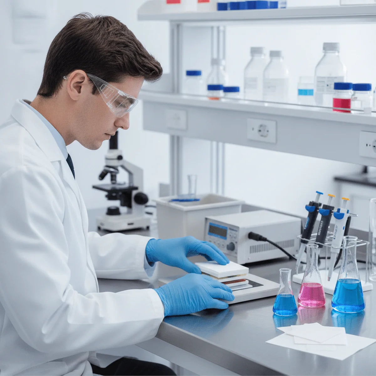 Researcher using chromatography paper for a gel blot transfer technique
