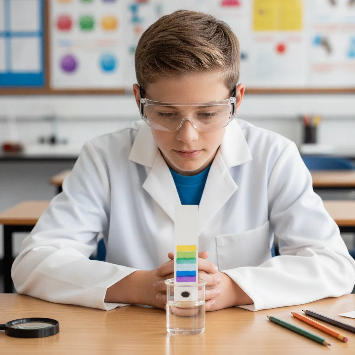 Student watching ink separate on chromatography paper in classroom