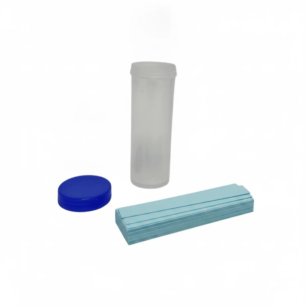 Container of indicator paper sheets on a lab bench