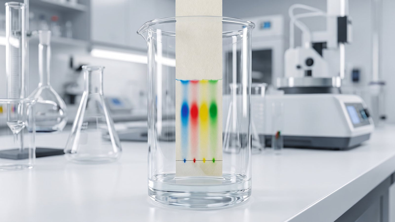 Chromatography paper strip separating ink pigments into colour bands