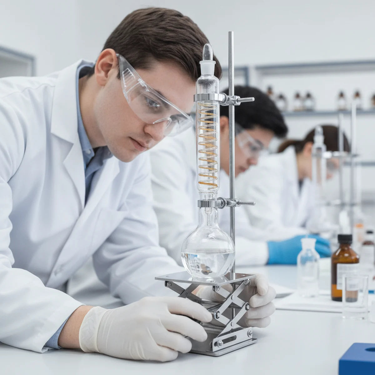 Student adjusting lab jack height