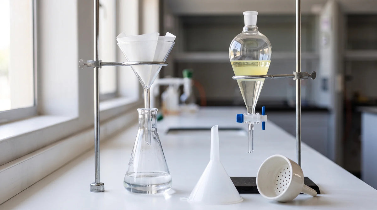 School lab bench with a glass filter funnel in a retort ring over a conical flask, a separating funnel holding two liquid layers, and plastic and porcelain funnels