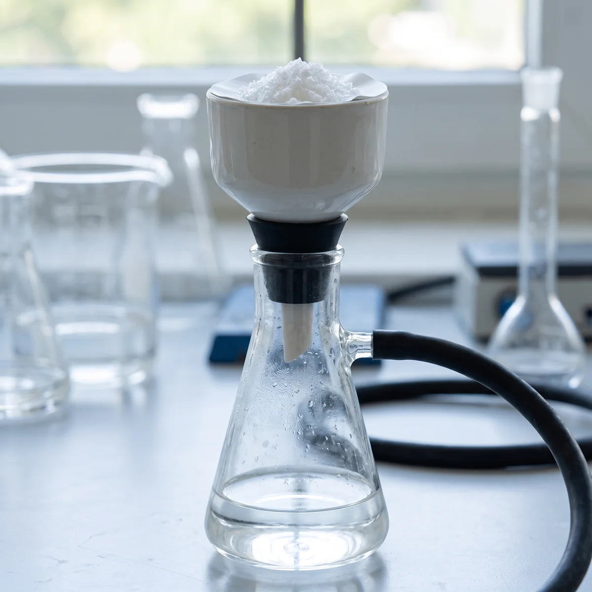 Porcelain Buchner funnel with white crystals on filter paper, sealed onto a filter flask with vacuum tubing