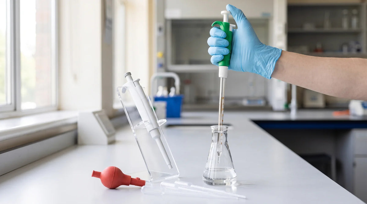 Gloved hand using a green pipette pump on a glass pipette over a conical flask, with a micropipette in a stand, a rubber bulb and plastic transfer pipettes