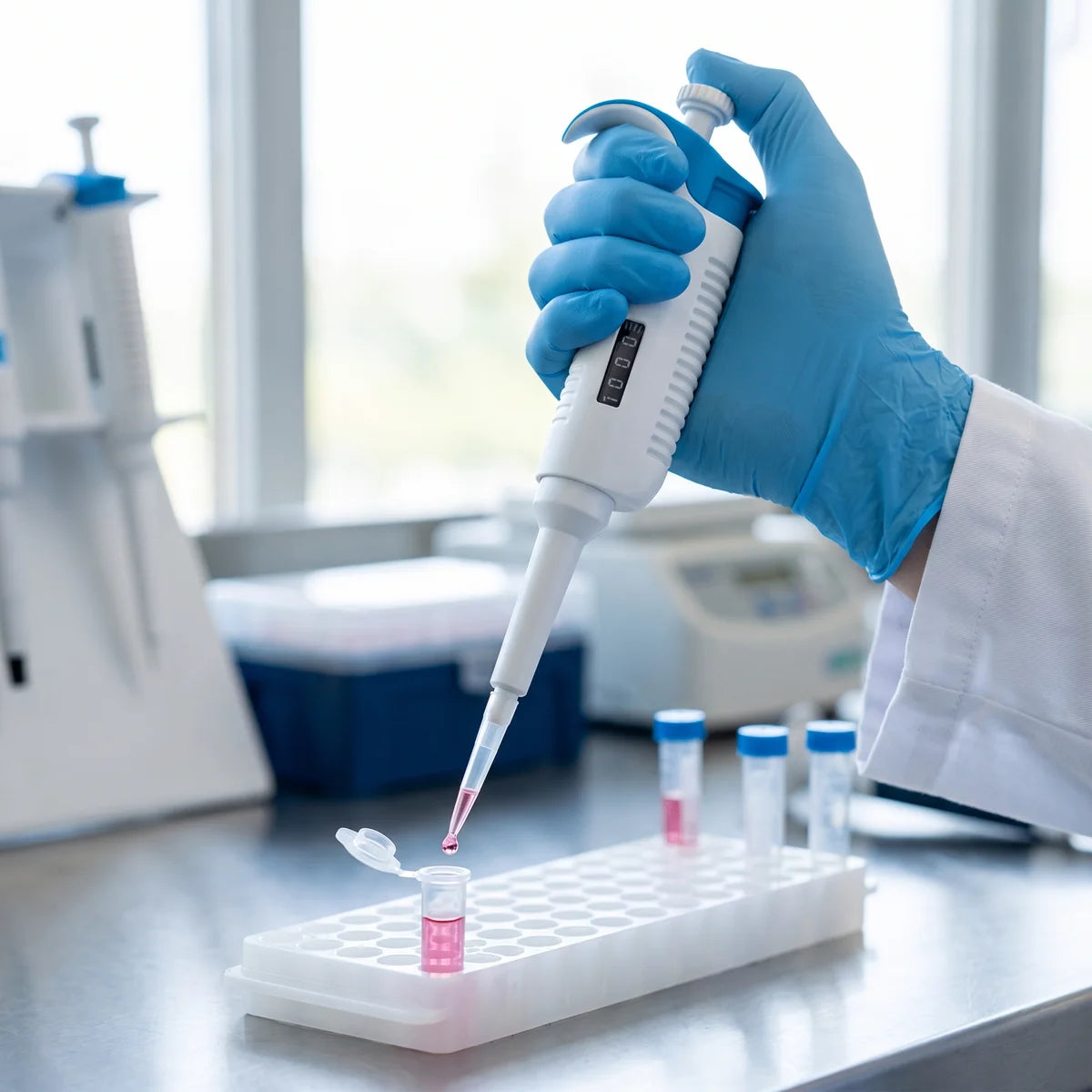 Gloved hand dispensing pink liquid from an adjustable micropipette into a microcentrifuge tube in a rack