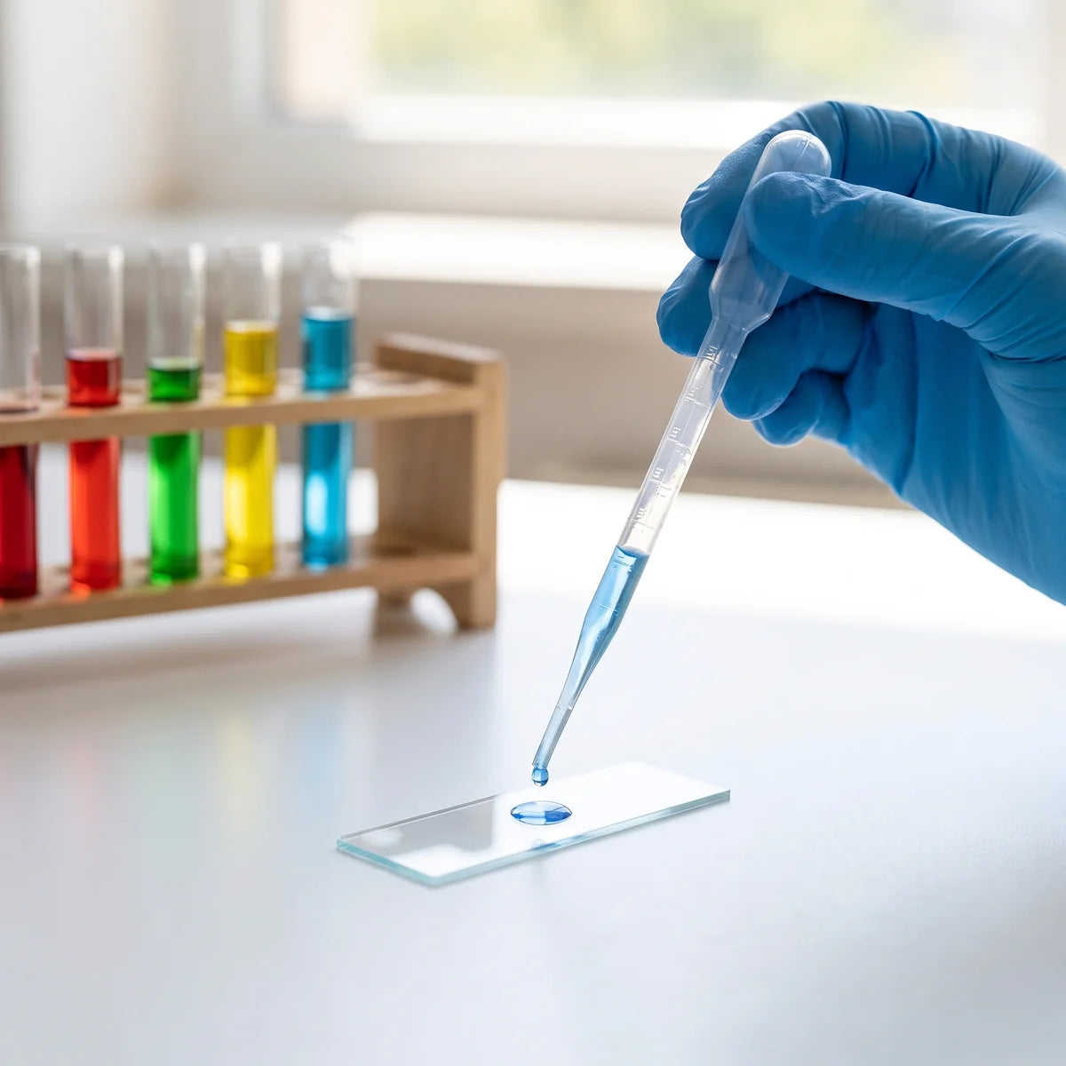 Plastic transfer pipette placing a drop of blue liquid onto a microscope slide, with coloured test tubes behind