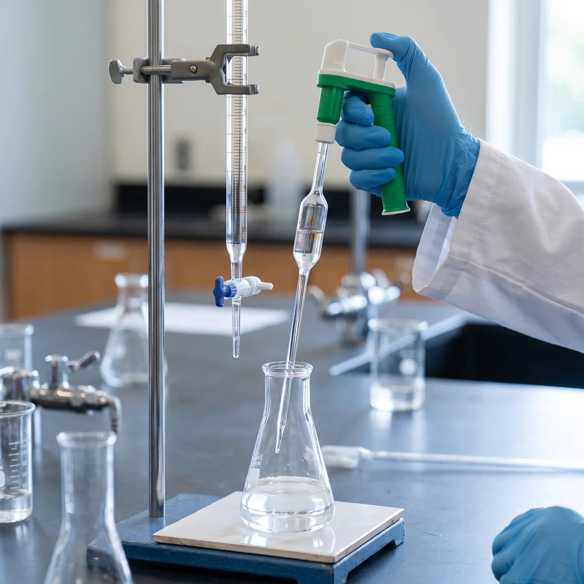 Gloved hand releasing liquid from a volumetric pipette with a pipette pump into a conical flask beside a burette