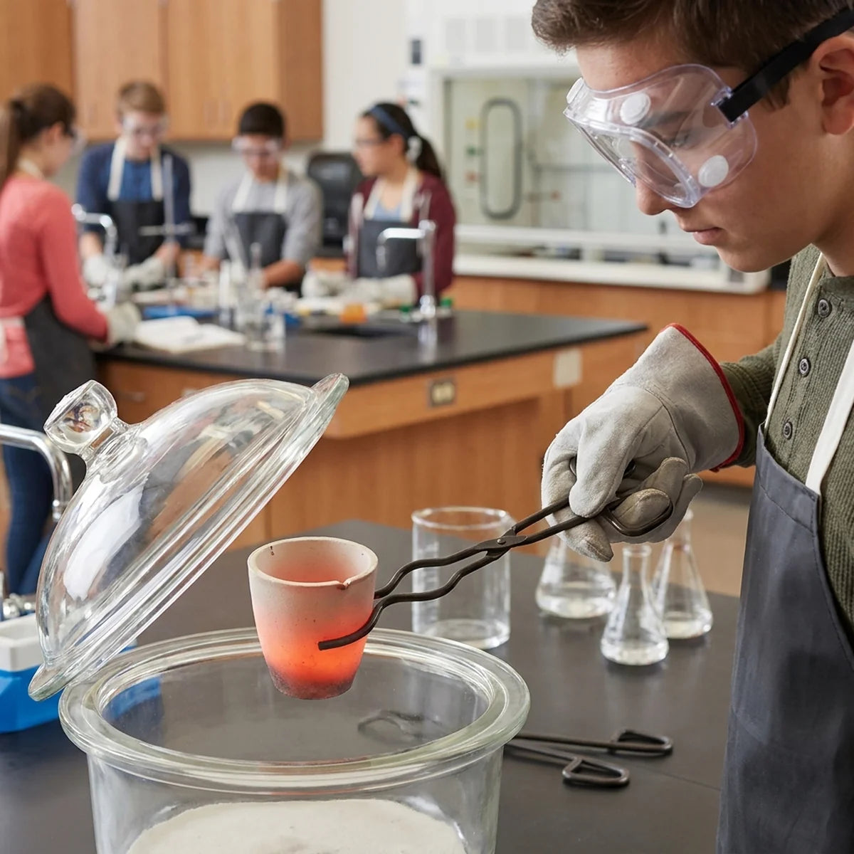 Student using crucible tongs in classroom