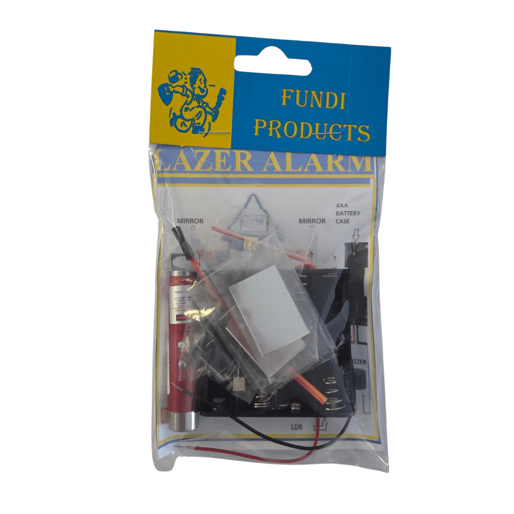 Laser Alarm School Project Kit with laser source, mirrors, LDR and buzzer on white background