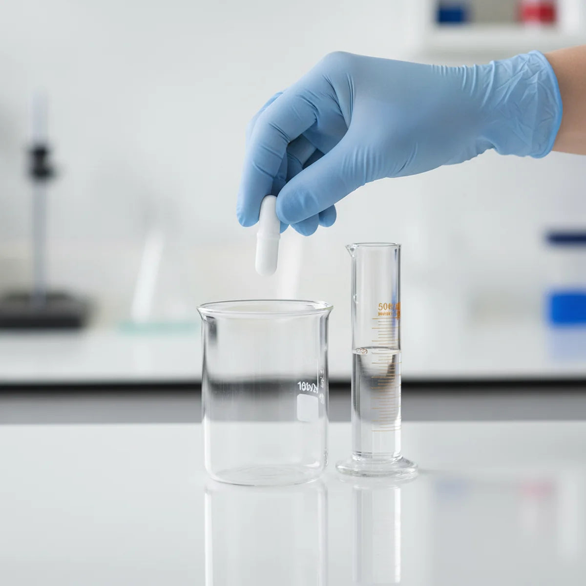 Dropping a cylindrical PTFE stir bar into an empty beaker