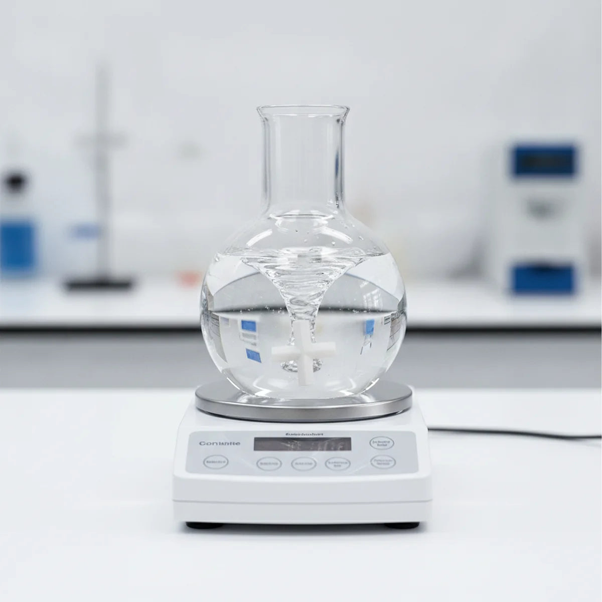 Cross-shaped stir bar spinning in a round-bottom flask