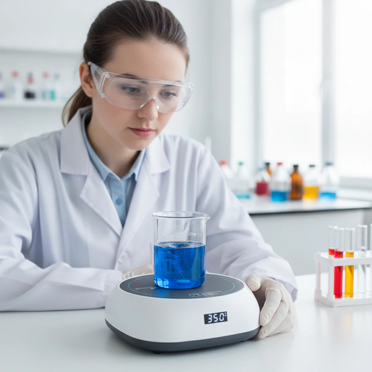 Student using a magnetic stirrer in a school chemistry classroom
