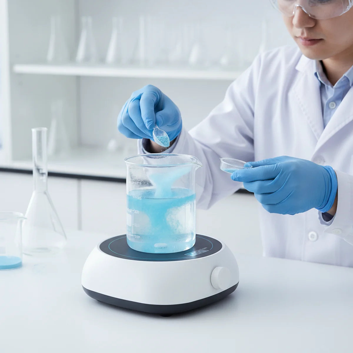 Researcher dissolving powder into a beaker on a magnetic stirrer