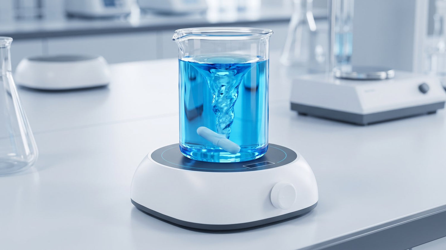 Magnetic stirrer mixing a beaker of liquid with a visible vortex