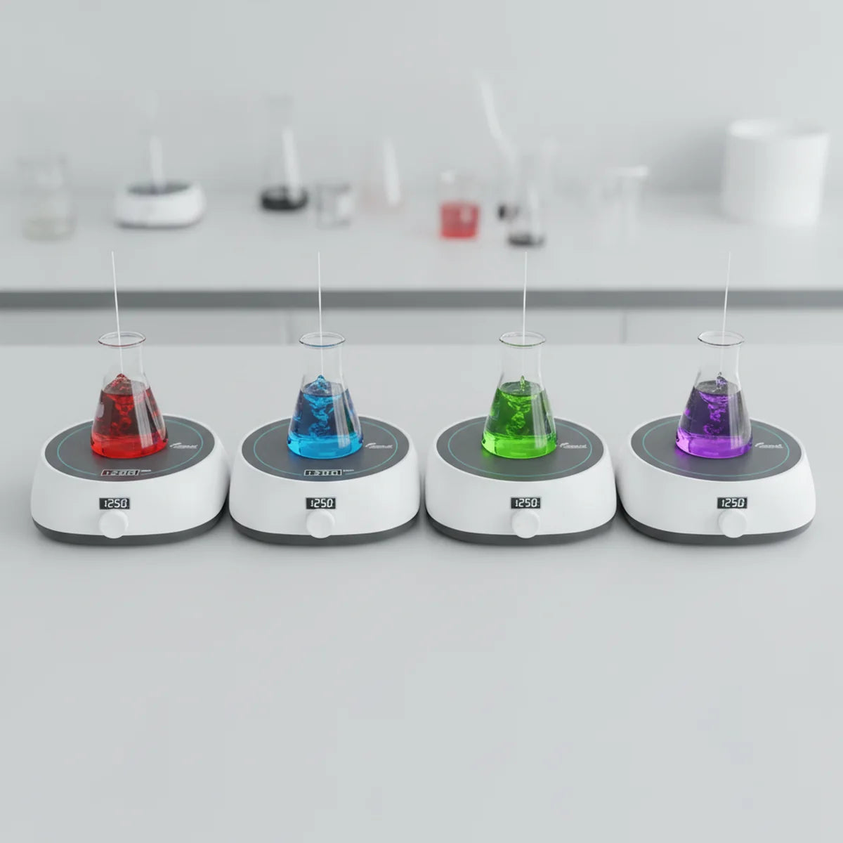 Row of flasks each mixing on their own magnetic stirrer