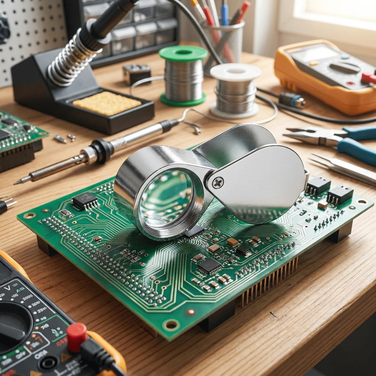Folding magnifier inspecting a circuit board