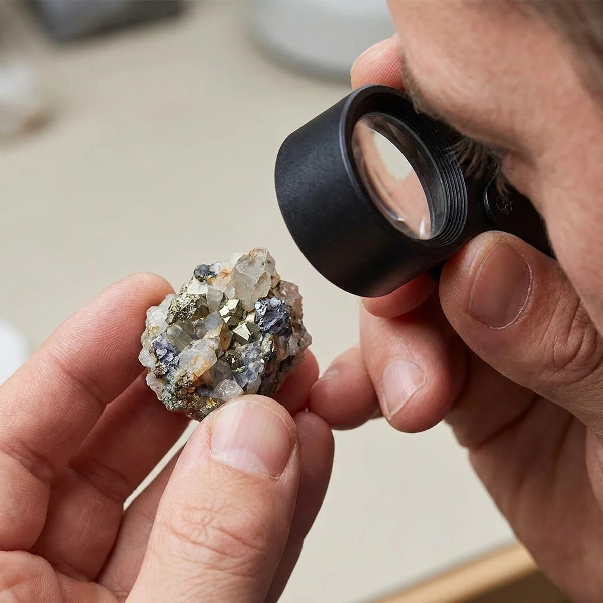 Jewelers loupe examining a mineral sample