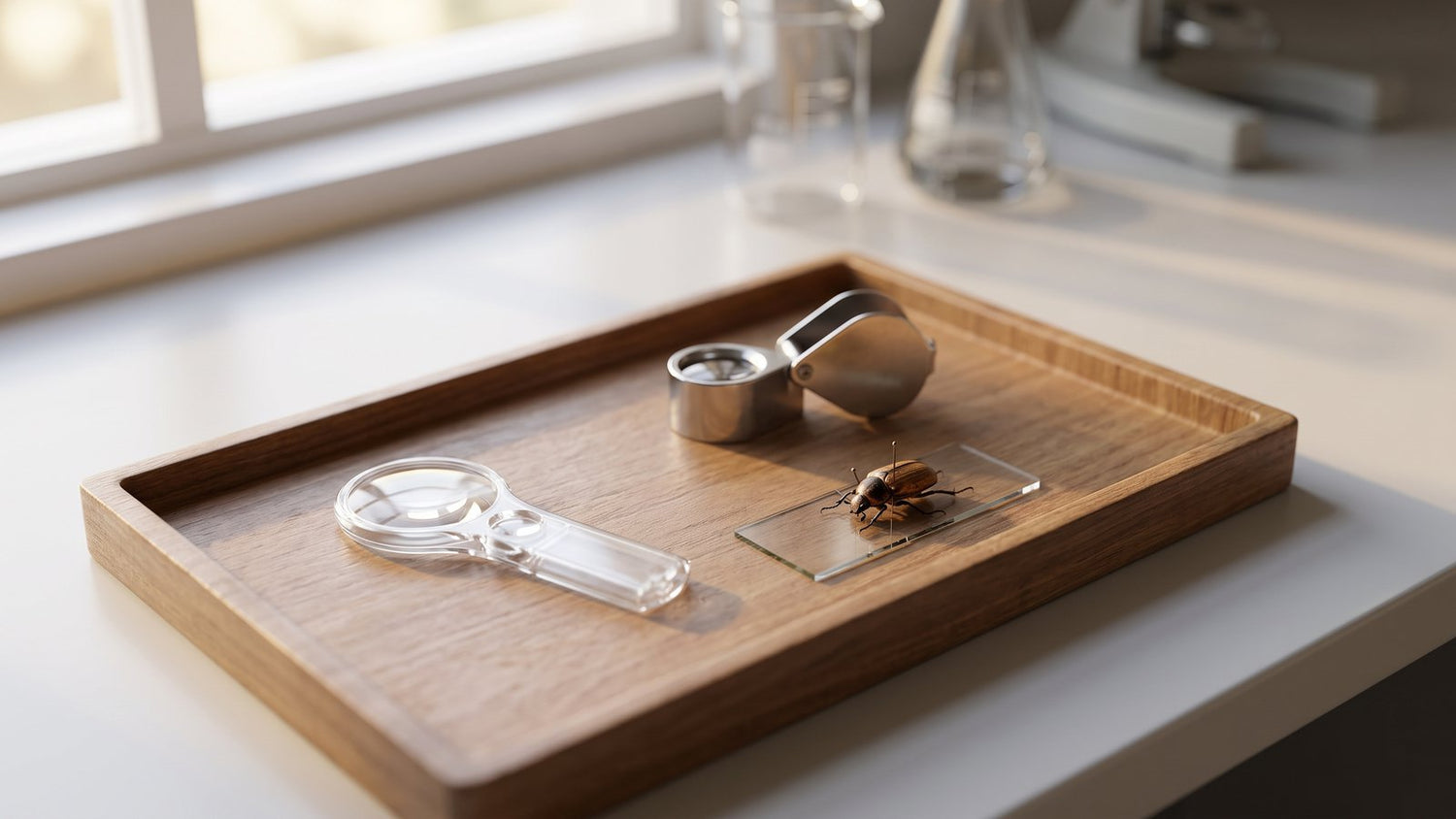 Magnifying glass and loupe on lab bench