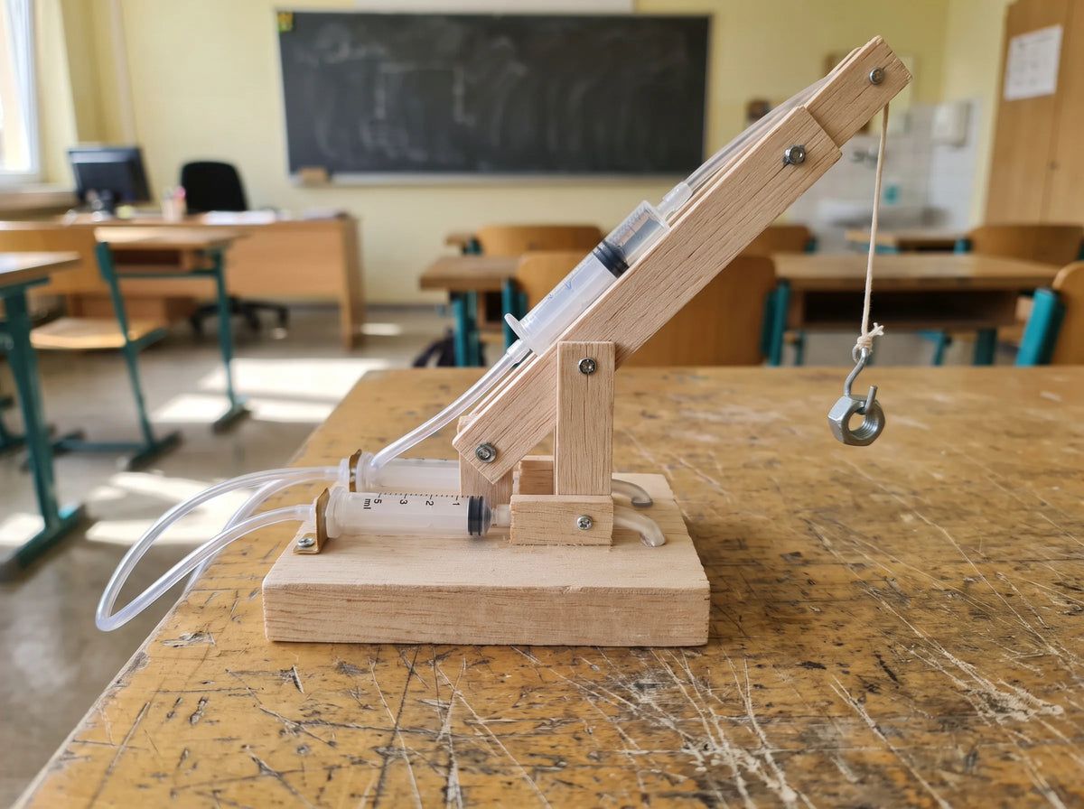 A wooden model crane lifting a mass on a classroom bench