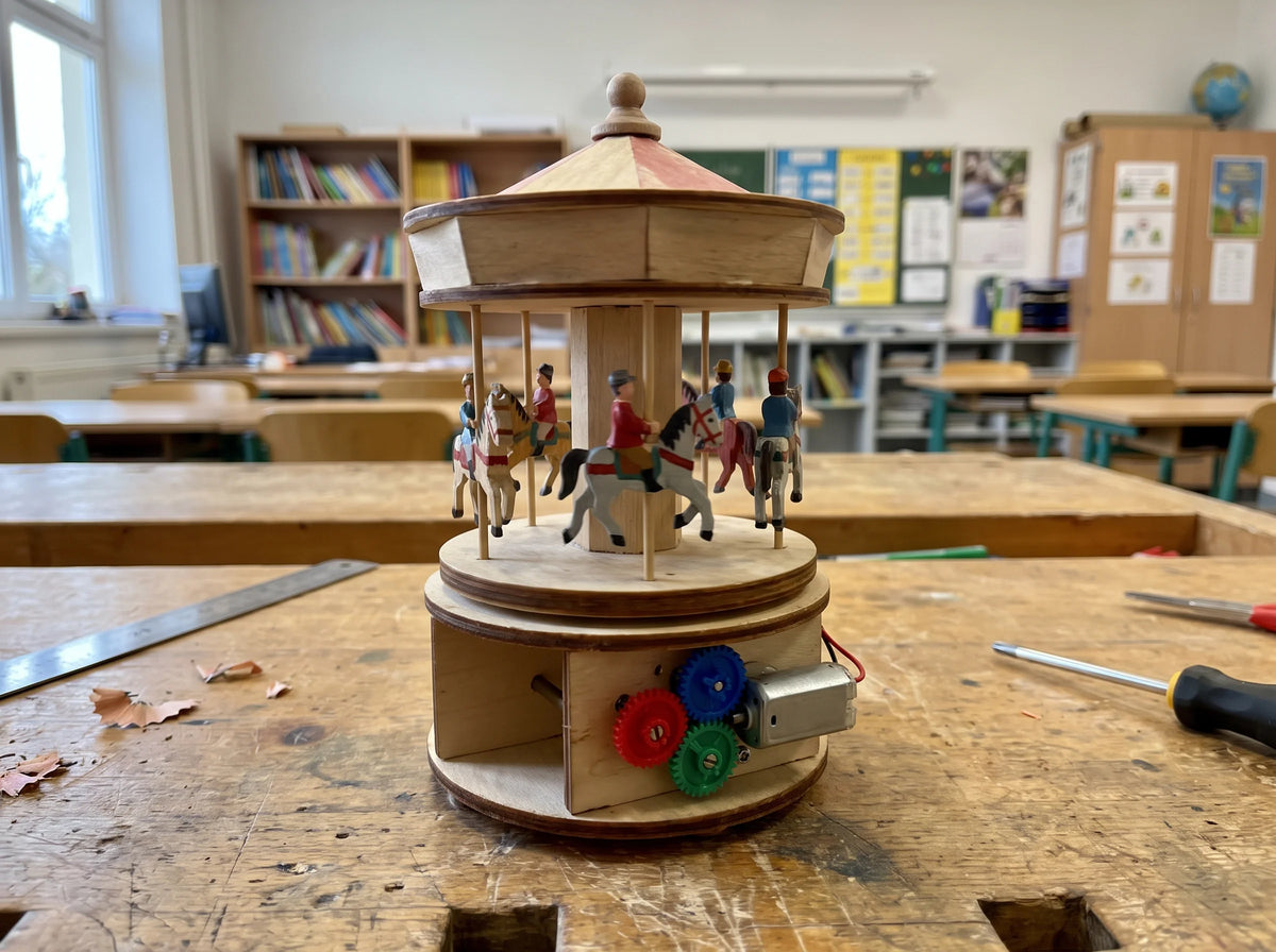 A wooden geared carousel model on a workbench