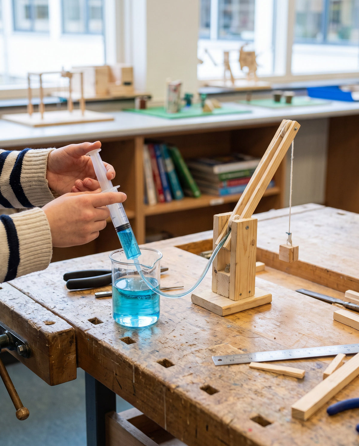 Filling a syringe to power a hydraulic crane model