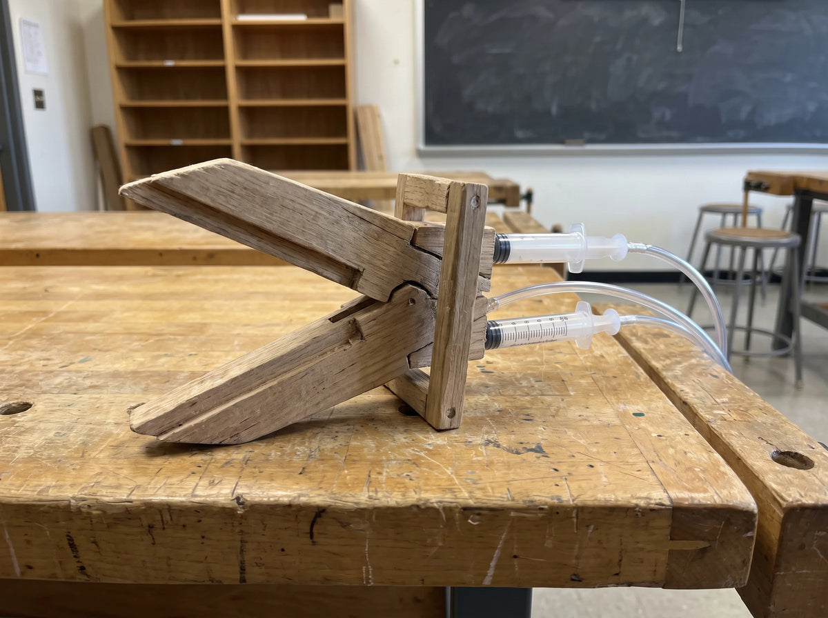 A wooden Jaws of Life model powered by syringe hydraulics on a workshop bench