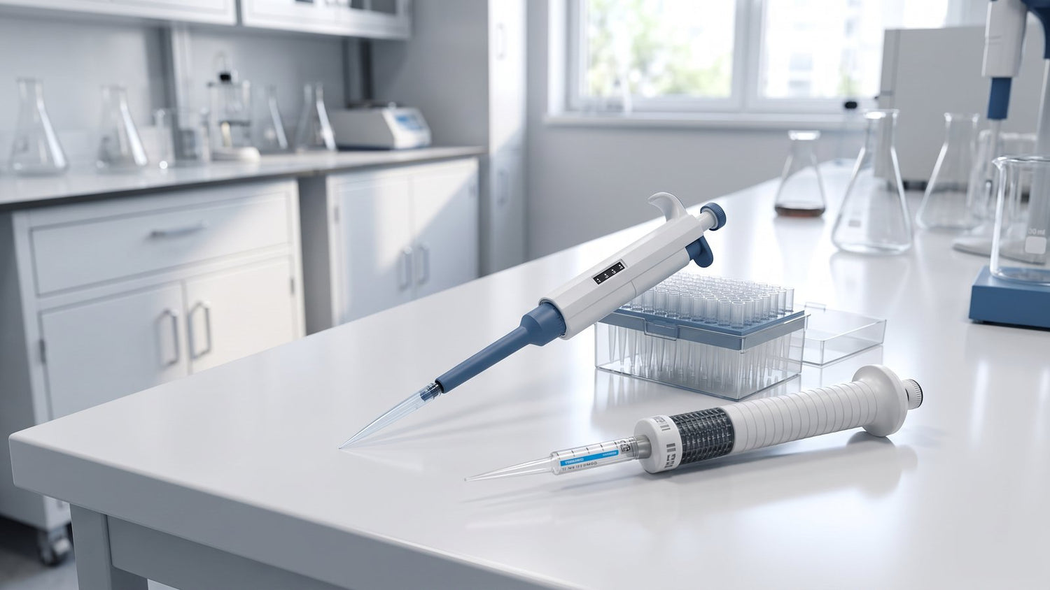Mechanical micropipettes on a laboratory bench