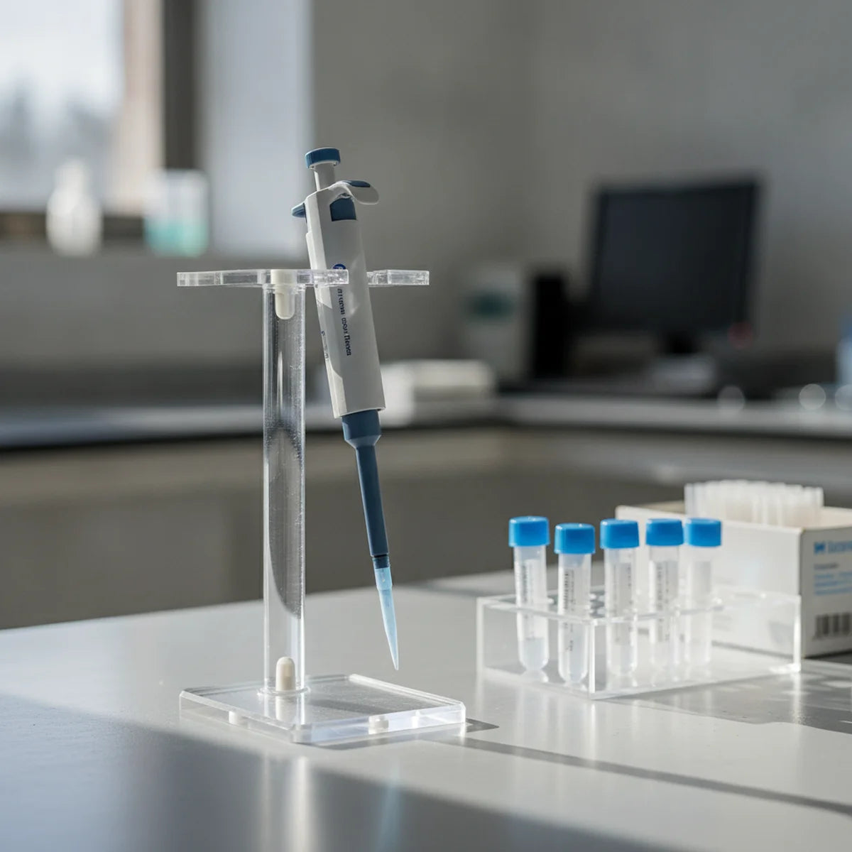 Mechanical pipette resting in a vertical pipette stand
