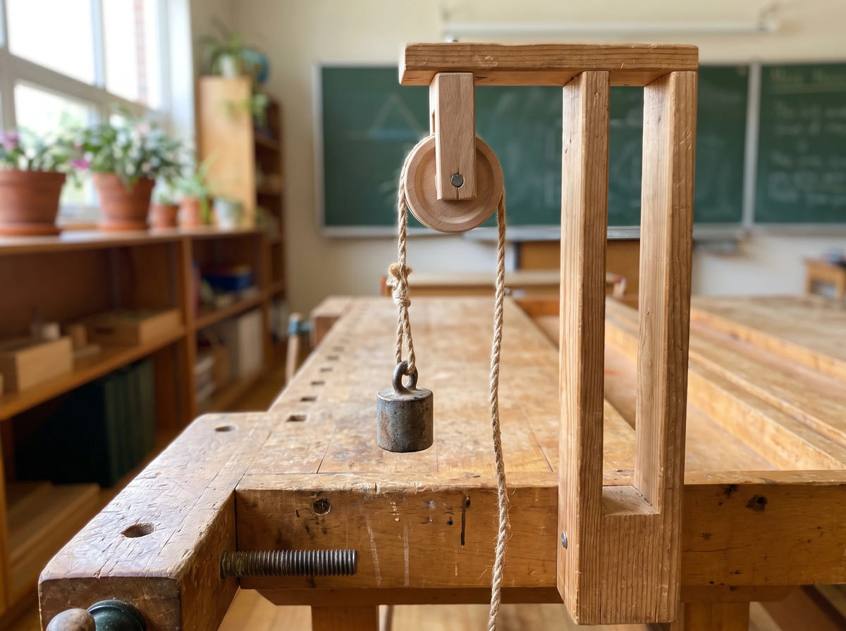 A wooden pulley frame raising a mass on a cord