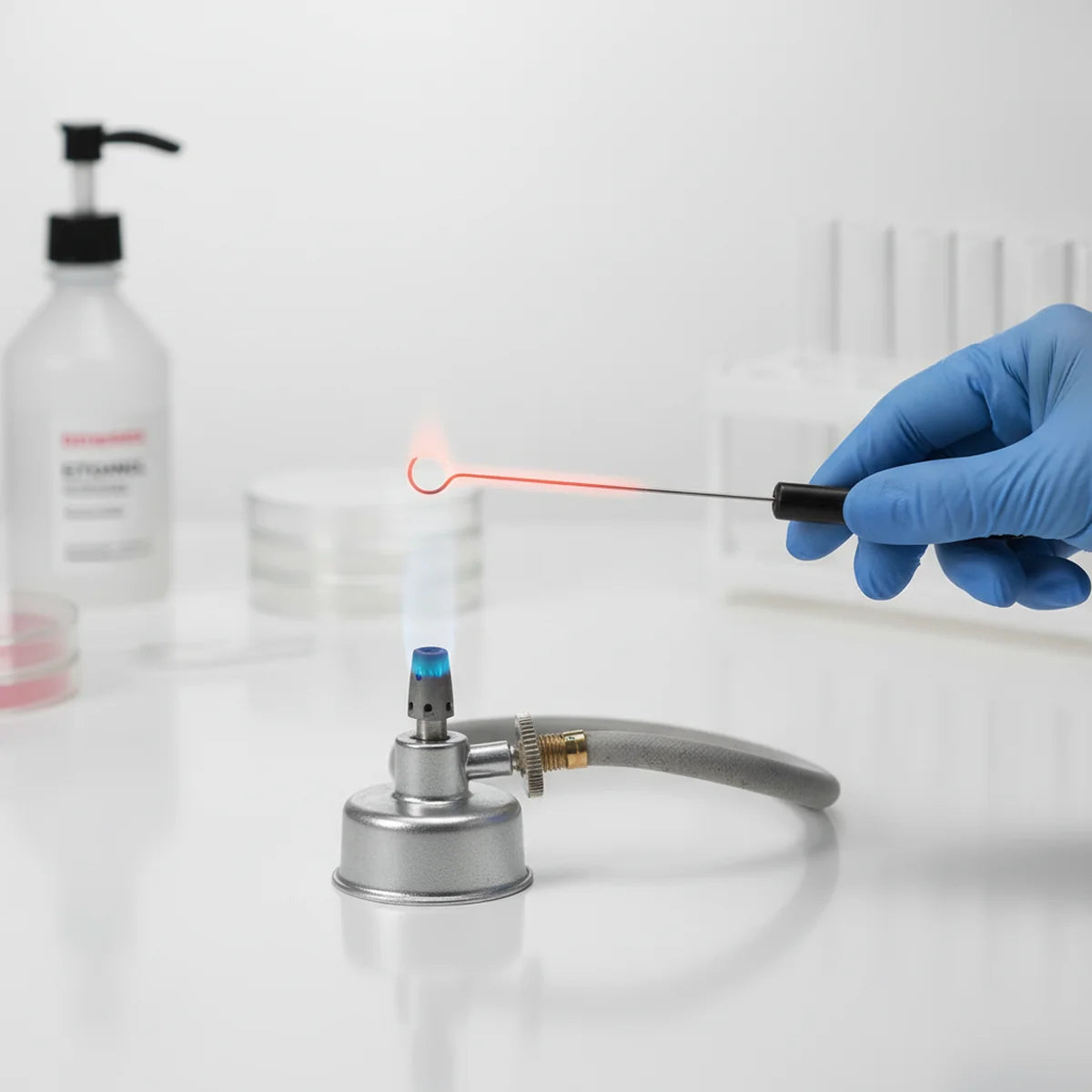 Inoculation loop sterilised in Bunsen flame