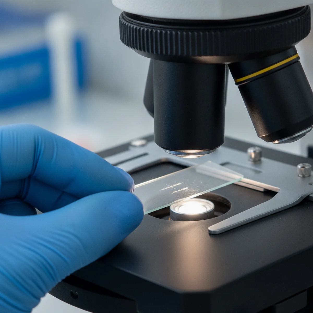 Technician using a stage micrometer to calibrate a microscope