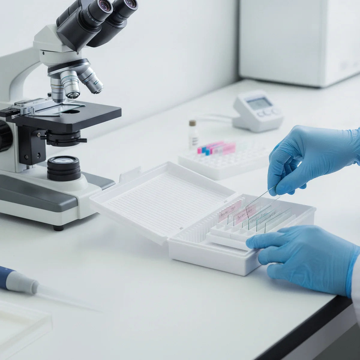 Placing prepared microscope slides into a slide storage box