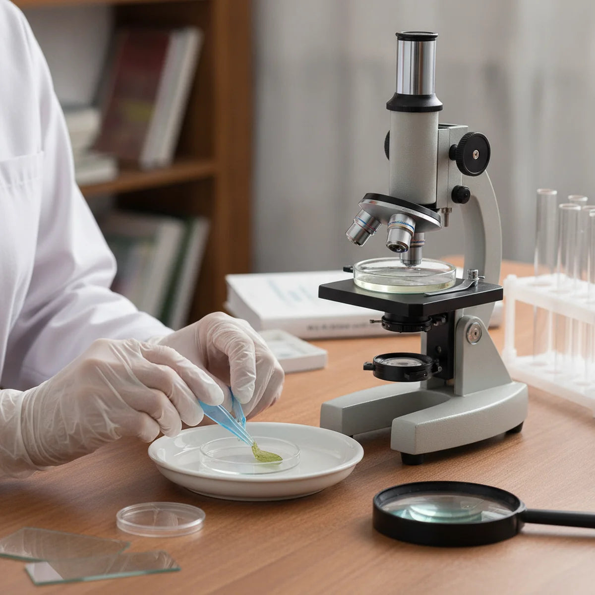 Using plastic tweezers to handle a specimen near a microscope