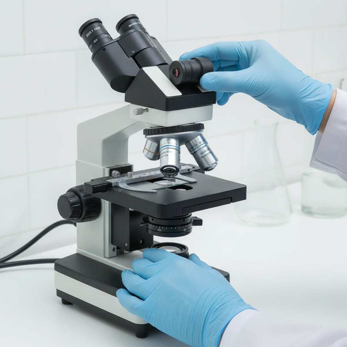 Researcher attaching a c-mount eyepiece camera to a microscope