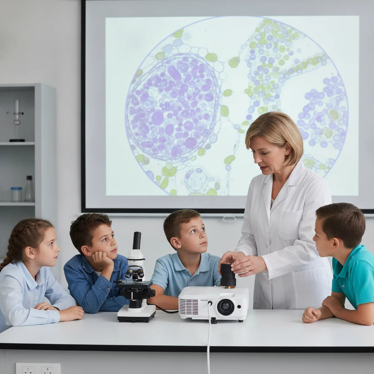 Teacher projecting microscope camera image to classroom screen