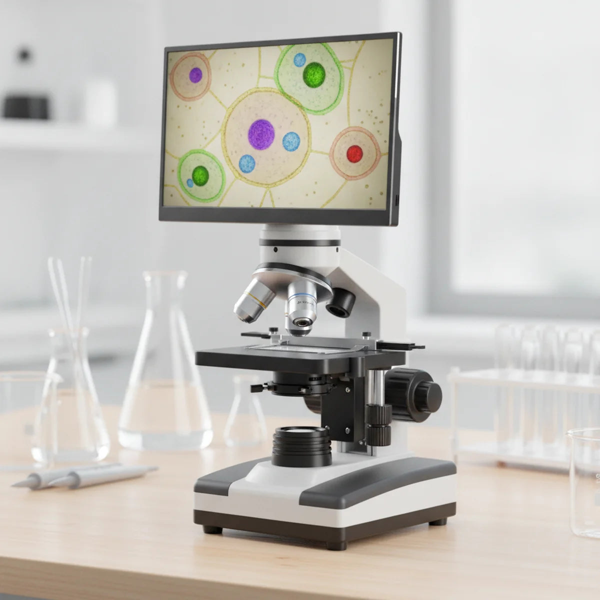 LCD screen mounted on microscope showing live magnified cell image