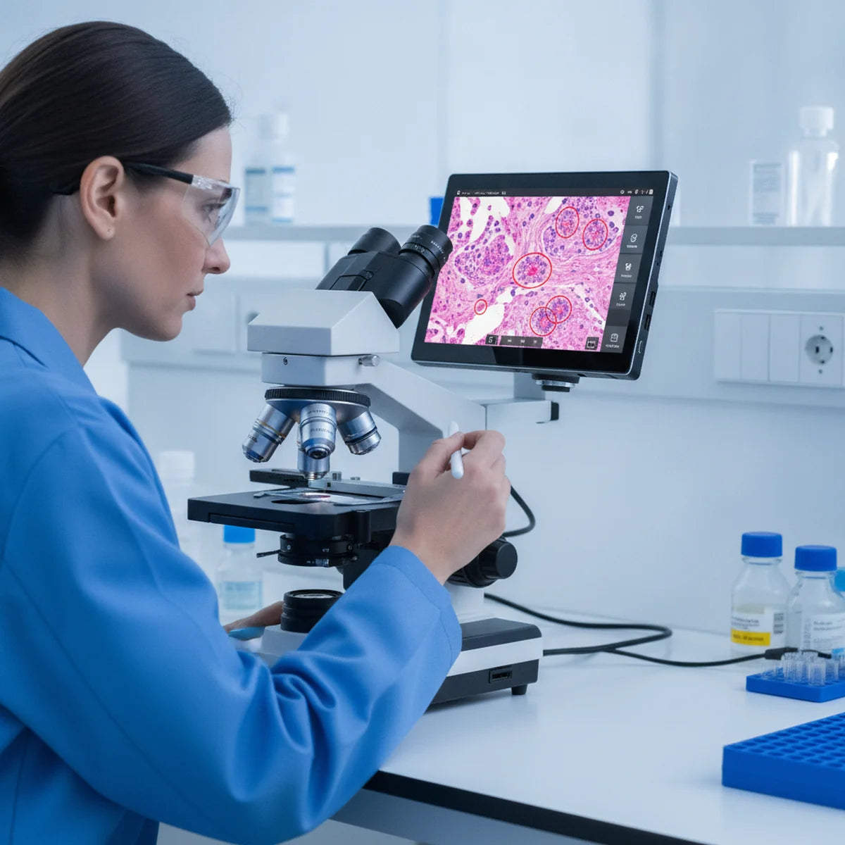 Pathologist using tablet touch screen camera on microscope