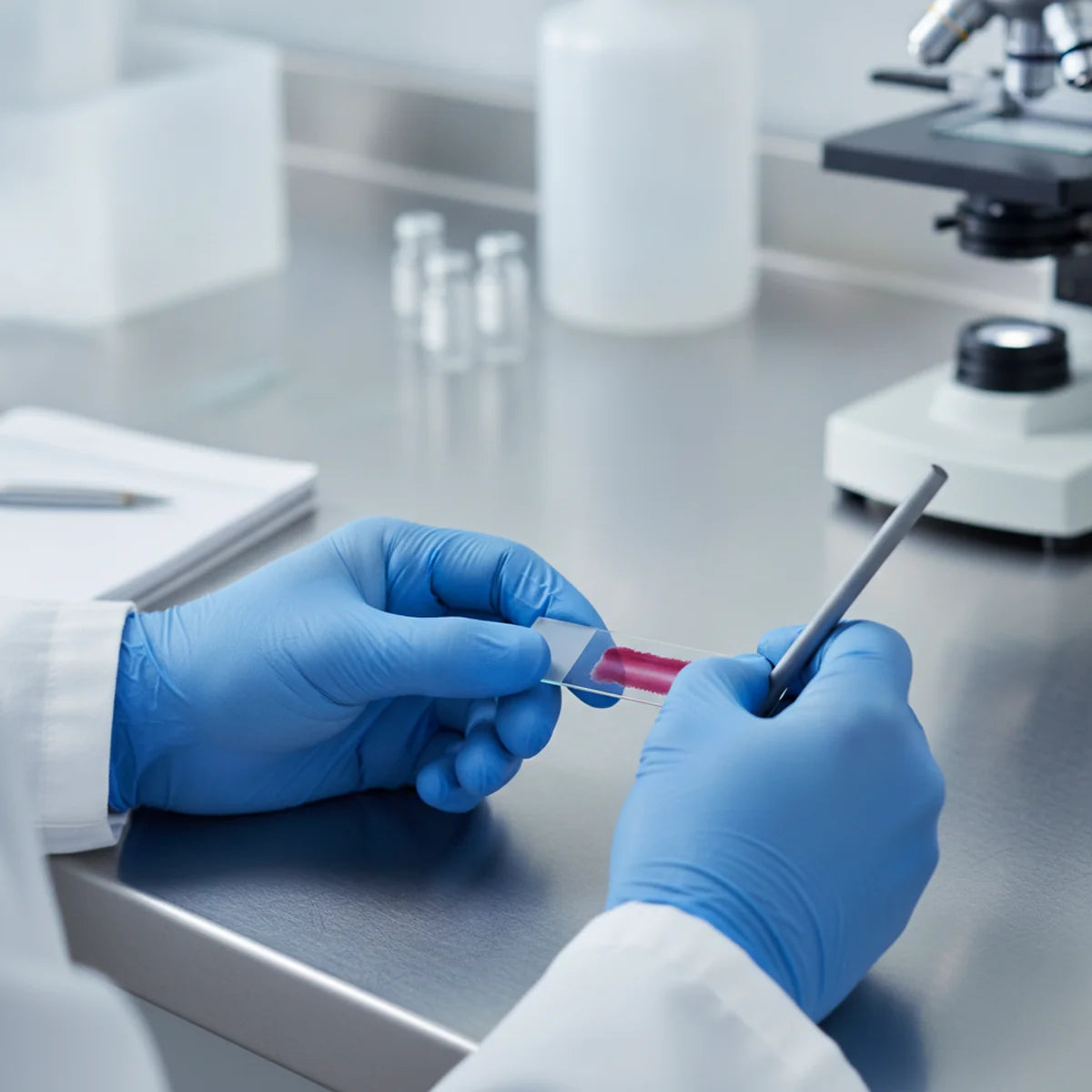 Lab technician labeling the frosted end of a microscope slide