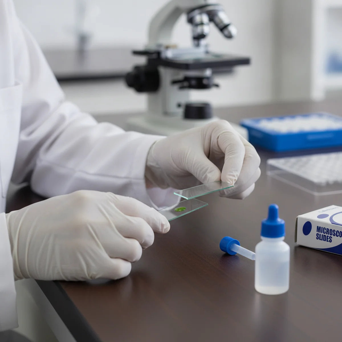 Student preparing a wet mount microscope slide with a cover slip