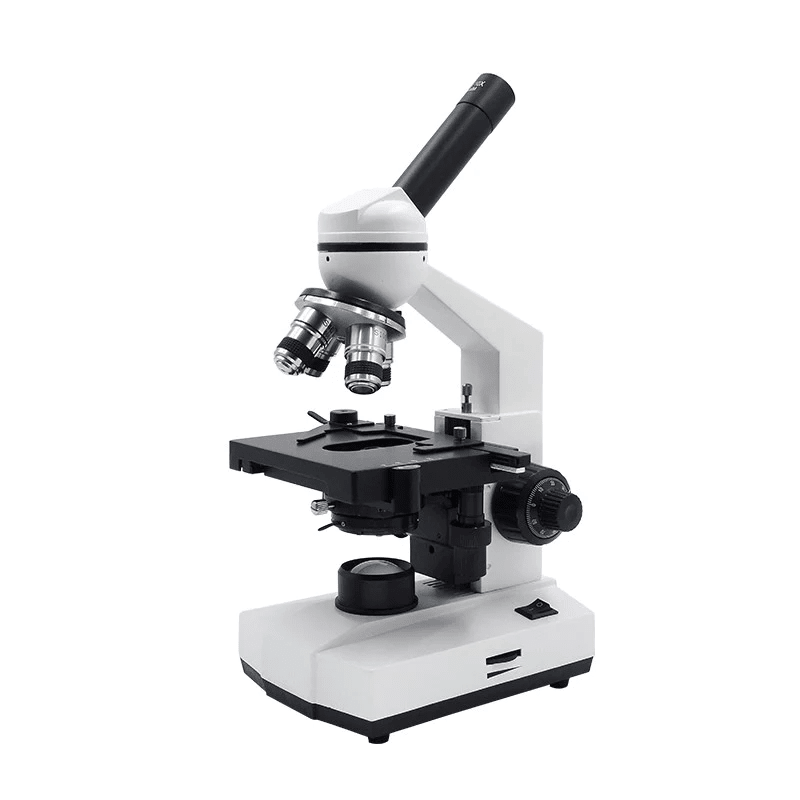 Monocular compound microscope with inclined eyepiece, four objectives and double-layer mechanical stage