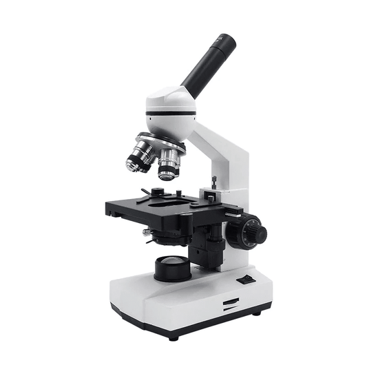 Monocular compound microscope with inclined eyepiece, four objectives and double-layer mechanical stage