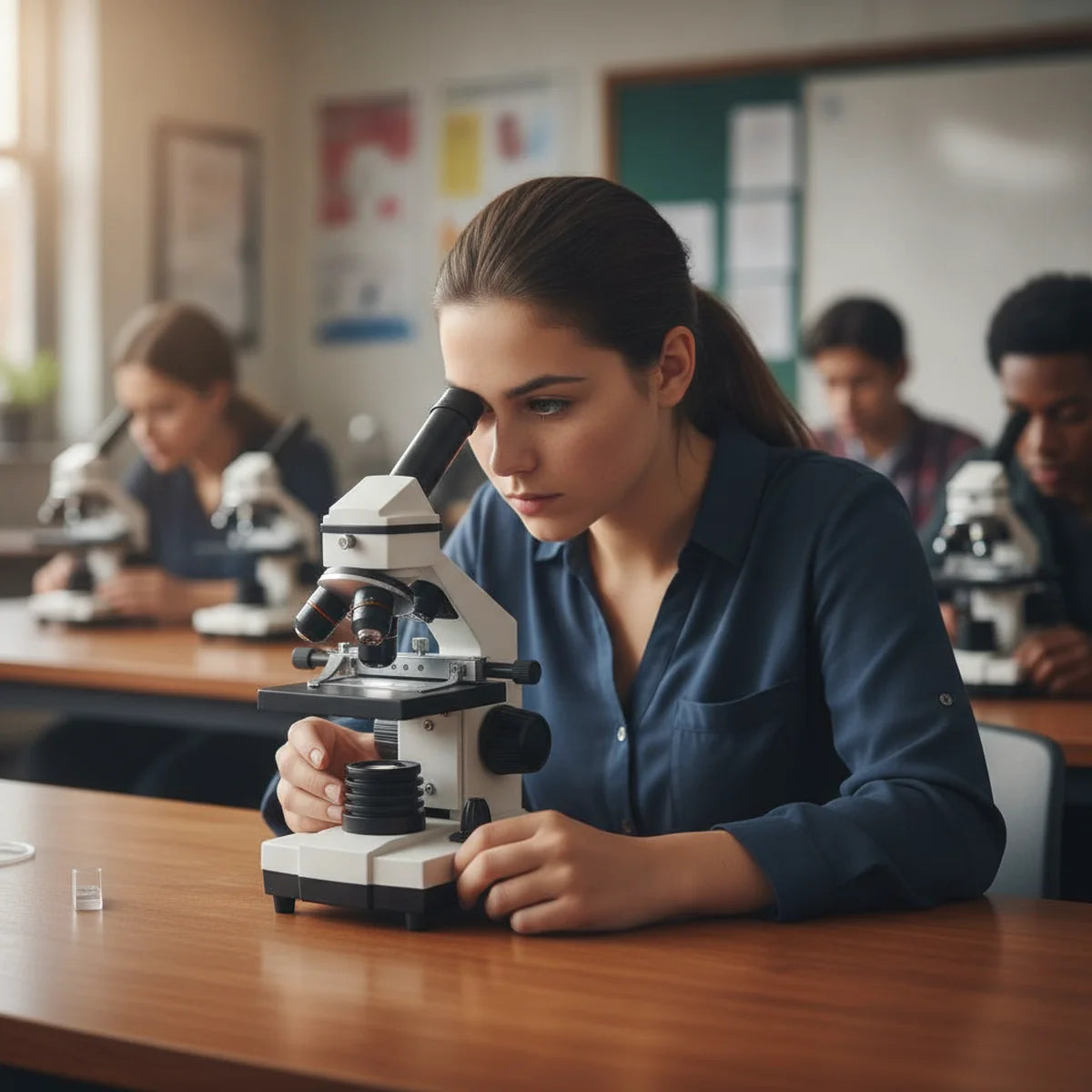 Student using monocular microscope in classroom