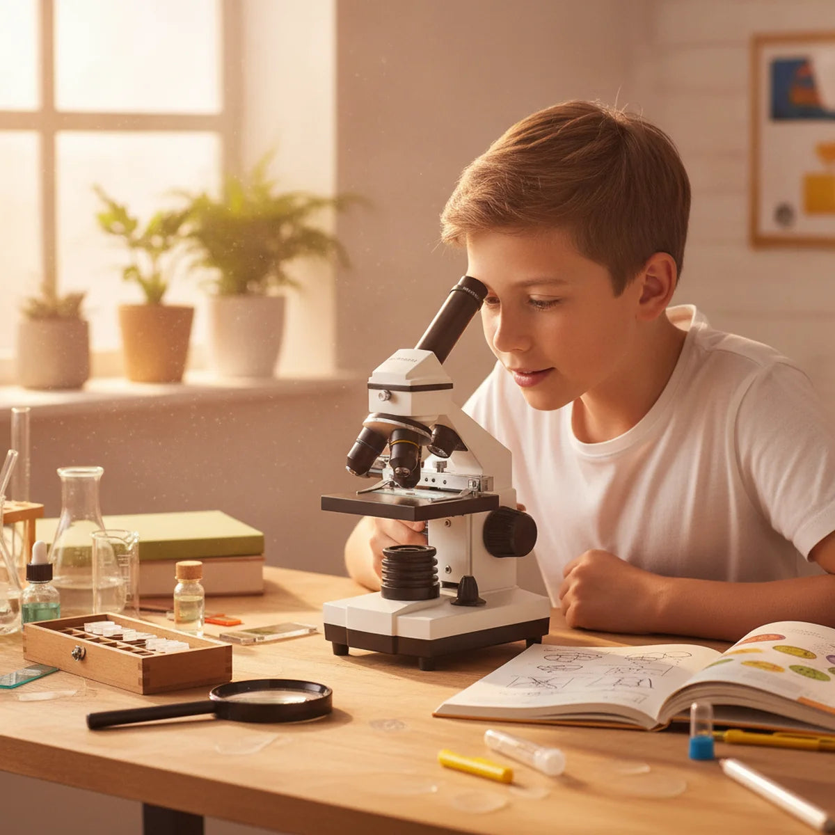 Young person using monocular microscope at home
